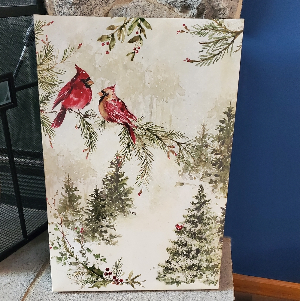 Christmas Cardinal Greenery Canvas Art Print